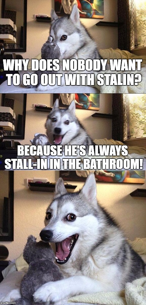 Bad Pun Dog Meme | WHY DOES NOBODY WANT TO GO OUT WITH STALIN? BECAUSE HE'S ALWAYS STALL-IN IN THE BATHROOM! | image tagged in memes,bad pun dog | made w/ Imgflip meme maker