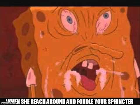 spongbob | WHEN SHE REACH AROUND AND FONDLE YOUR SPHINCTER | image tagged in spongbob | made w/ Imgflip meme maker