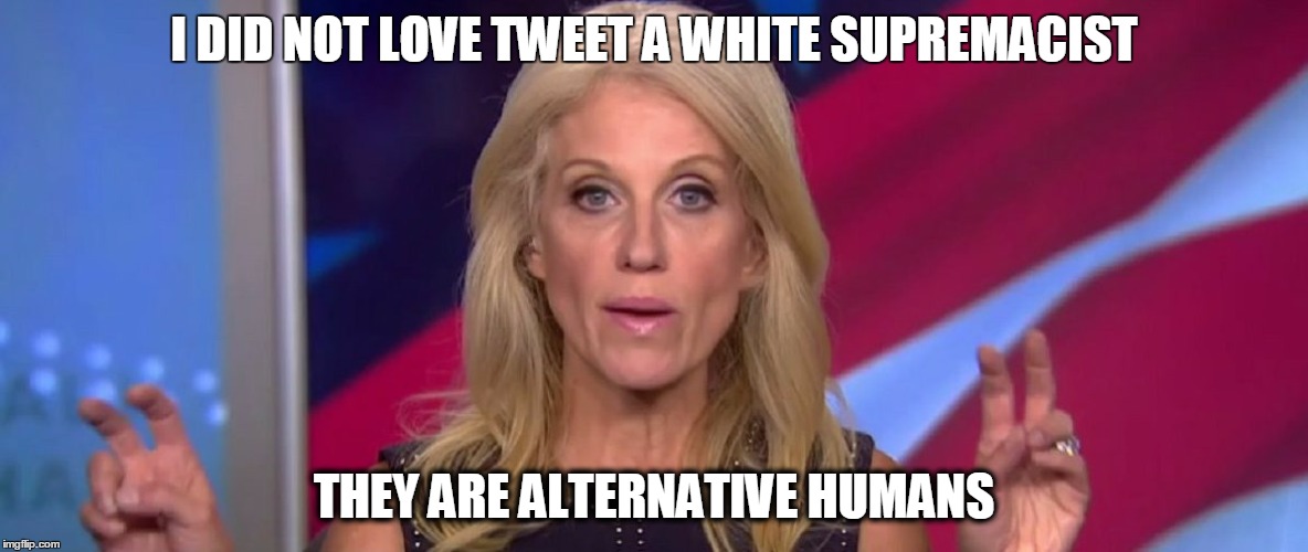 I DID NOT LOVE TWEET A WHITE SUPREMACIST; THEY ARE ALTERNATIVE HUMANS | image tagged in kellyanne1 | made w/ Imgflip meme maker