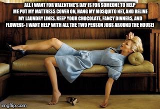 tired | ALL I WANT FOR VALENTINE'S DAY IS FOR SOMEONE TO HELP ME PUT MY MATTRESS COVER ON, HANG MY MOSQUITO NET, AND RELINE MY LAUNDRY LINES. KEEP YOUR CHOCOLATE, FANCY DINNERS, AND FLOWERS- I WANT HELP WITH ALL THE TWO PERSON JOBS AROUND THE HOUSE! | image tagged in tired | made w/ Imgflip meme maker