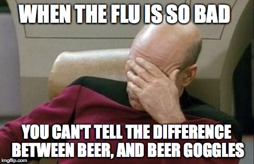 Captain Picard Facepalm Meme | WHEN THE FLU IS SO BAD YOU CAN'T TELL THE DIFFERENCE BETWEEN BEER, AND BEER GOGGLES | image tagged in memes,captain picard facepalm | made w/ Imgflip meme maker