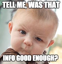 Skeptical Baby | TELL ME, WAS THAT; INFO GOOD ENOUGH? | image tagged in memes,skeptical baby | made w/ Imgflip meme maker