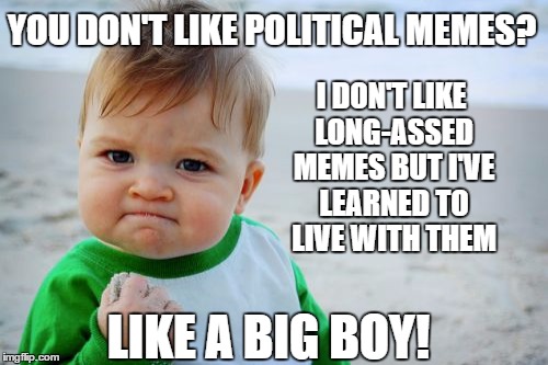 Success Kid Original | I DON'T LIKE LONG-ASSED MEMES BUT I'VE LEARNED TO LIVE WITH THEM; YOU DON'T LIKE POLITICAL MEMES? LIKE A BIG BOY! | image tagged in memes,success kid original | made w/ Imgflip meme maker