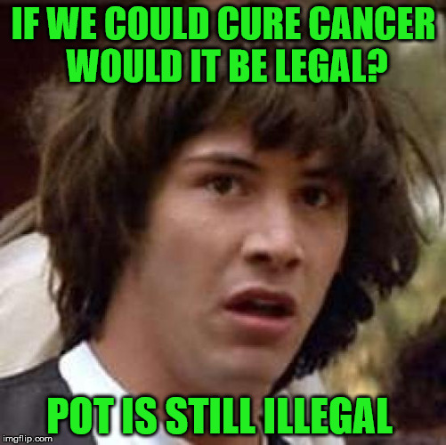 Conspiracy Keanu | IF WE COULD CURE CANCER WOULD IT BE LEGAL? POT IS STILL ILLEGAL | image tagged in memes,conspiracy keanu | made w/ Imgflip meme maker