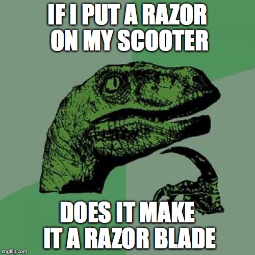 Philosoraptor | IF I PUT A RAZOR ON MY SCOOTER; DOES IT MAKE IT A RAZOR BLADE | image tagged in memes,philosoraptor | made w/ Imgflip meme maker