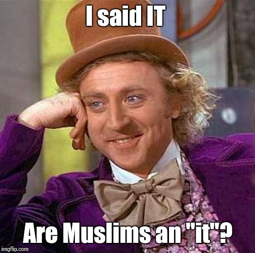 Creepy Condescending Wonka Meme | I said IT Are Muslims an "it"? | image tagged in memes,creepy condescending wonka | made w/ Imgflip meme maker