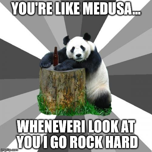 Medusa Pickup Line | YOU'RE LIKE MEDUSA... WHENEVERI LOOK AT YOU I GO ROCK HARD | image tagged in memes,pickup line panda,medusa,pickup lines | made w/ Imgflip meme maker