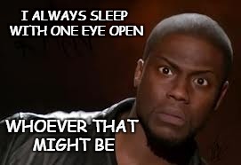 Kevin Hart Meme | I ALWAYS SLEEP WITH ONE EYE OPEN; WHOEVER THAT MIGHT BE | image tagged in memes,kevin hart the hell | made w/ Imgflip meme maker