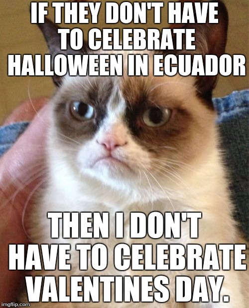 I don't like this "Holiday" | IF THEY DON'T HAVE TO CELEBRATE HALLOWEEN IN ECUADOR; THEN I DON'T HAVE TO CELEBRATE VALENTINES DAY. | image tagged in memes,grumpy cat,valentine's day | made w/ Imgflip meme maker