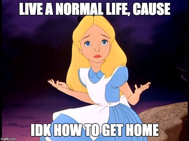 Alice in Wonderland | LIVE A NORMAL LIFE, CAUSE; IDK HOW TO GET HOME | image tagged in alice in wonderland | made w/ Imgflip meme maker