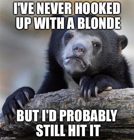 Confession Bear Meme | I'VE NEVER HOOKED UP WITH A BLONDE BUT I'D PROBABLY STILL HIT IT | image tagged in memes,confession bear | made w/ Imgflip meme maker