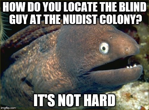 Nudist Colony | HOW DO YOU LOCATE THE BLIND GUY AT THE NUDIST COLONY? IT'S NOT HARD | image tagged in memes,bad joke eel | made w/ Imgflip meme maker