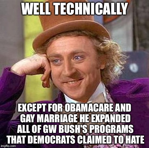 Creepy Condescending Wonka Meme | WELL TECHNICALLY EXCEPT FOR OBAMACARE AND GAY MARRIAGE HE EXPANDED ALL OF GW BUSH'S PROGRAMS THAT DEMOCRATS CLAIMED TO HATE | image tagged in memes,creepy condescending wonka | made w/ Imgflip meme maker