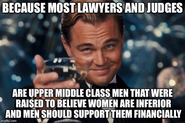 Leonardo Dicaprio Cheers Meme | BECAUSE MOST LAWYERS AND JUDGES ARE UPPER MIDDLE CLASS MEN THAT WERE RAISED TO BELIEVE WOMEN ARE INFERIOR AND MEN SHOULD SUPPORT THEM FINANC | image tagged in memes,leonardo dicaprio cheers | made w/ Imgflip meme maker