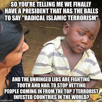 Third World Skeptical Kid | SO YOU'RE TELLING ME WE FINALLY HAVE A PRESIDENT THAT HAS THE BALLS TO SAY "RADICAL ISLAMIC TERRORISM"; AND THE UNHINGED LIBS ARE FIGHTING TOOTH AND NAIL TO STOP VETTING PEOPLE COMING IN FROM THE TOP 7 TERRORIST INFESTED COUNTRIES IN THE WORLD? | image tagged in memes,third world skeptical kid | made w/ Imgflip meme maker