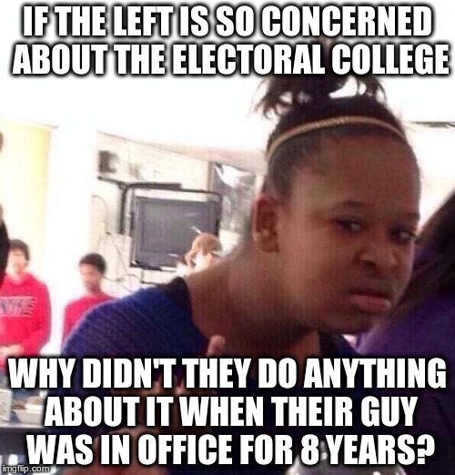 Black Girl Wat Meme | IF THE LEFT IS SO CONCERNED ABOUT THE ELECTORAL COLLEGE; WHY DIDN'T THEY DO ANYTHING ABOUT IT WHEN THEIR GUY WAS IN OFFICE FOR 8 YEARS? | image tagged in memes,black girl wat | made w/ Imgflip meme maker
