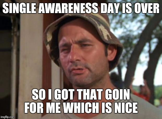 So I Got That Goin For Me Which Is Nice | SINGLE AWARENESS DAY IS OVER; SO I GOT THAT GOIN FOR ME WHICH IS NICE | image tagged in memes,so i got that goin for me which is nice | made w/ Imgflip meme maker