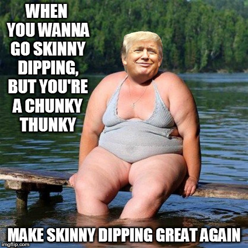 WHEN YOU WANNA GO SKINNY DIPPING, BUT YOU'RE A CHUNKY THUNKY; MAKE SKINNY DIPPING GREAT AGAIN | image tagged in fucktrump,donald trump the clown,don the con,nevertrump,chunk,fat bitch | made w/ Imgflip meme maker
