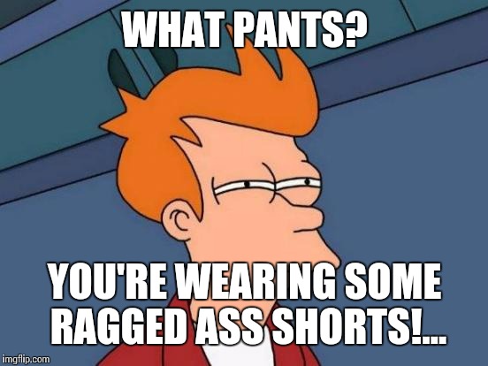 Futurama Fry Meme | WHAT PANTS? YOU'RE WEARING SOME RAGGED ASS SHORTS!... | image tagged in memes,futurama fry | made w/ Imgflip meme maker