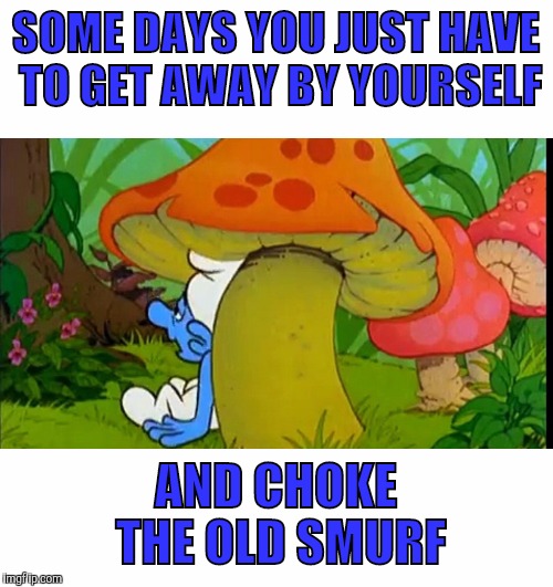Well, there was only one female in the entire village. Cartoon week | SOME DAYS YOU JUST HAVE TO GET AWAY BY YOURSELF; AND CHOKE THE OLD SMURF | image tagged in smurfs,choke the old smurf,cartoon week,juicydeath1025 | made w/ Imgflip meme maker