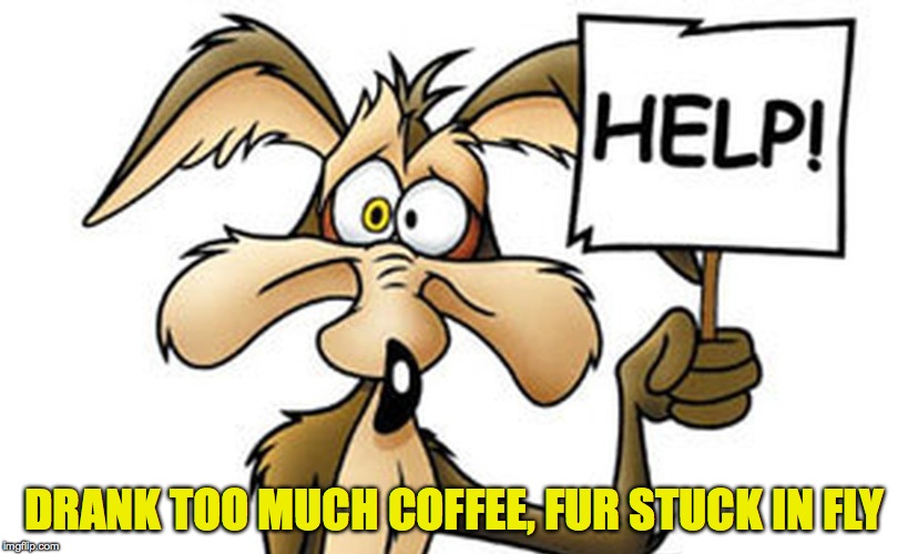 Cartoon week pt. 2 | DRANK TOO MUCH COFFEE, FUR STUCK IN FLY | image tagged in wile el | made w/ Imgflip meme maker