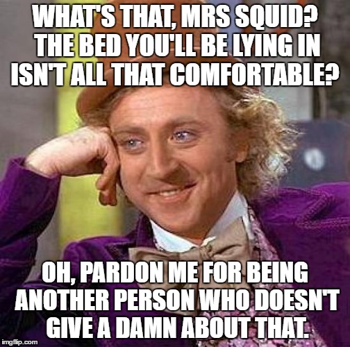 Creepy Condescending Wonka Meme | WHAT'S THAT, MRS SQUID? THE BED YOU'LL BE LYING IN ISN'T ALL THAT COMFORTABLE? OH, PARDON ME FOR BEING ANOTHER PERSON WHO DOESN'T GIVE A DAMN ABOUT THAT. | image tagged in memes,creepy condescending wonka | made w/ Imgflip meme maker