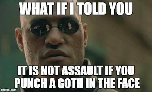 Title says it all |  WHAT IF I TOLD YOU; IT IS NOT ASSAULT IF YOU PUNCH A GOTH IN THE FACE | image tagged in memes,matrix morpheus,goth memes,goth | made w/ Imgflip meme maker