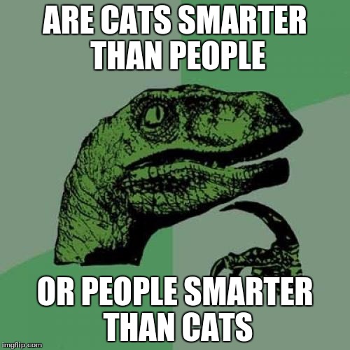 Philosoraptor | ARE CATS SMARTER THAN PEOPLE; OR PEOPLE SMARTER THAN CATS | image tagged in memes,philosoraptor | made w/ Imgflip meme maker