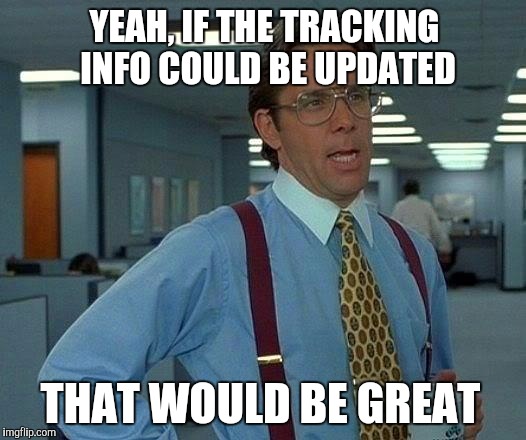 4 days in Kennedy airport. Let's go, USPO! | YEAH, IF THE TRACKING INFO COULD BE UPDATED; THAT WOULD BE GREAT | image tagged in memes,that would be great | made w/ Imgflip meme maker