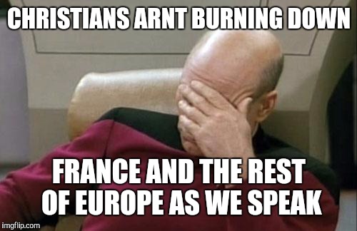 Captain Picard Facepalm Meme | CHRISTIANS ARNT BURNING DOWN; FRANCE AND THE REST OF EUROPE AS WE SPEAK | image tagged in memes,captain picard facepalm | made w/ Imgflip meme maker