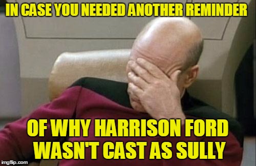 Land on the RUNWAY, not the TAXIWAY! | IN CASE YOU NEEDED ANOTHER REMINDER; OF WHY HARRISON FORD WASN'T CAST AS SULLY | image tagged in memes,captain picard facepalm,harrison ford,runway | made w/ Imgflip meme maker