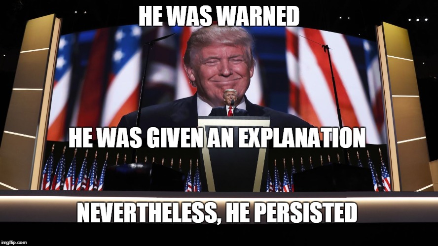 The 45th President of the United States | HE WAS WARNED; HE WAS GIVEN AN EXPLANATION; NEVERTHELESS, HE PERSISTED | image tagged in trump rnc,maga2016 | made w/ Imgflip meme maker