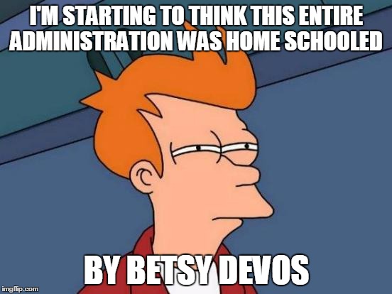 Futurama Fry | I'M STARTING TO THINK THIS ENTIRE ADMINISTRATION WAS HOME SCHOOLED; BY BETSY DEVOS | image tagged in memes,futurama fry | made w/ Imgflip meme maker