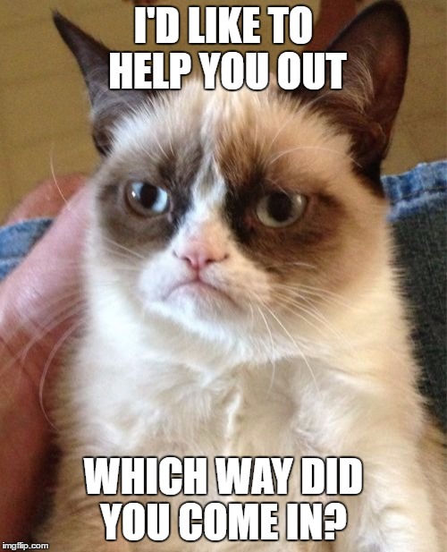 Grumpy Cat Meme | I'D LIKE TO HELP YOU OUT; WHICH WAY DID YOU COME IN? | image tagged in memes,grumpy cat | made w/ Imgflip meme maker