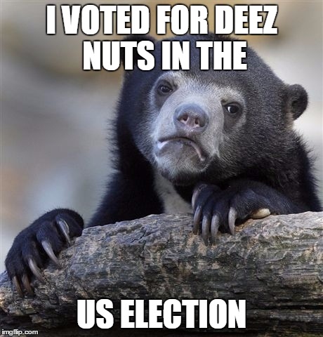 Confession Bear | I VOTED FOR DEEZ NUTS IN THE; US ELECTION | image tagged in memes,confession bear | made w/ Imgflip meme maker