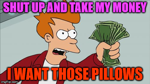 SHUT UP AND TAKE MY MONEY I WANT THOSE PILLOWS | made w/ Imgflip meme maker