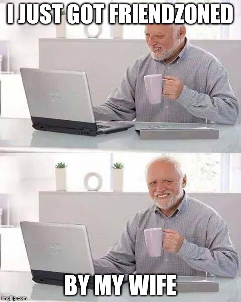 Hide the Pain Harold | I JUST GOT FRIENDZONED; BY MY WIFE | image tagged in memes,hide the pain harold | made w/ Imgflip meme maker