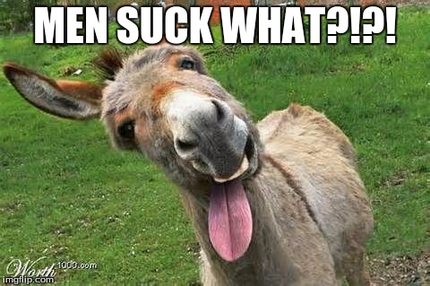 Laughing Donkey | MEN SUCK WHAT?!?! | image tagged in laughing donkey | made w/ Imgflip meme maker