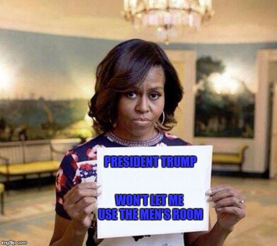 Michelle Obama blank sheet | PRESIDENT TRUMP; WON'T LET ME USE THE MEN'S ROOM | image tagged in michelle obama blank sheet | made w/ Imgflip meme maker