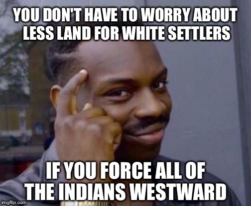 Roll Safe | YOU DON'T HAVE TO WORRY ABOUT LESS LAND FOR WHITE SETTLERS; IF YOU FORCE ALL OF THE INDIANS WESTWARD | image tagged in roll safe | made w/ Imgflip meme maker