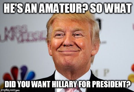 Donald trump approves | HE'S AN AMATEUR? SO WHAT; DID YOU WANT HILLARY FOR PRESIDENT? | image tagged in donald trump approves,trump 2016,trump 2020 | made w/ Imgflip meme maker