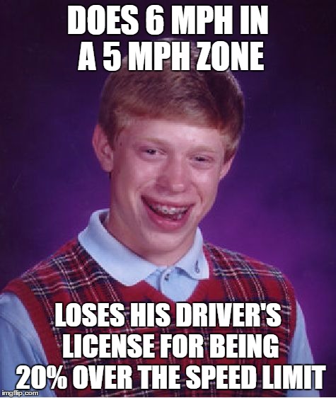Bad Luck Brian Meme | DOES 6 MPH IN A 5 MPH ZONE LOSES HIS DRIVER'S LICENSE FOR BEING 20% OVER THE SPEED LIMIT | image tagged in memes,bad luck brian | made w/ Imgflip meme maker