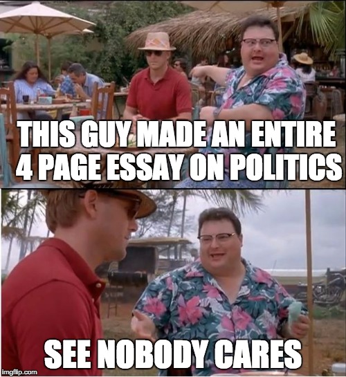 See Nobody Cares | THIS GUY MADE AN ENTIRE 4 PAGE ESSAY ON POLITICS; SEE NOBODY CARES | image tagged in memes,see nobody cares | made w/ Imgflip meme maker