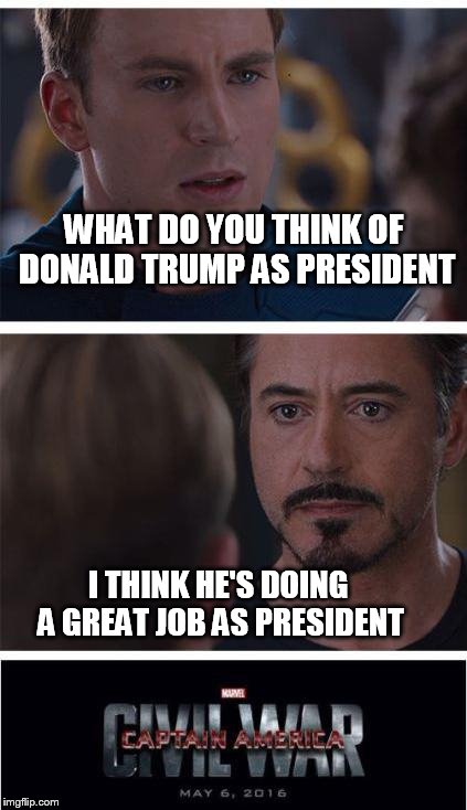 Marvel Civil War 1 Meme | WHAT DO YOU THINK OF DONALD TRUMP AS PRESIDENT; I THINK HE'S DOING A GREAT JOB AS PRESIDENT | image tagged in memes,marvel civil war 1 | made w/ Imgflip meme maker