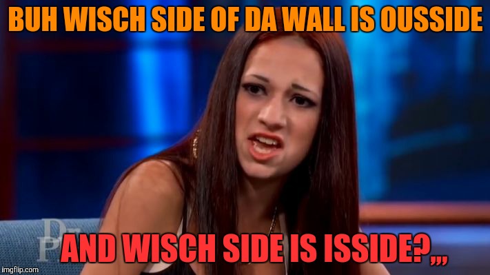 CASH ME OUSSIDE YELLING | BUH WISCH SIDE OF DA WALL IS OUSSIDE AND WISCH SIDE IS ISSIDE?,,, | image tagged in cash me ousside yelling | made w/ Imgflip meme maker