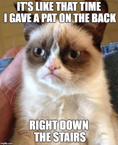 Grumpy Cat Meme | IT'S LIKE THAT TIME I GAVE A PAT ON THE BACK RIGHT DOWN THE STAIRS | image tagged in memes,grumpy cat | made w/ Imgflip meme maker