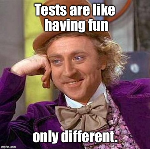 Creepy Condescending Wonka Meme | Tests are like having fun only different. | image tagged in memes,creepy condescending wonka | made w/ Imgflip meme maker