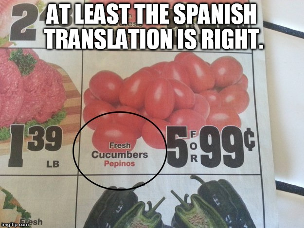 YOU HAD ONE JOB! | AT LEAST THE SPANISH TRANSLATION IS RIGHT. | image tagged in you had one job,cucumber,screwed up,funny memes | made w/ Imgflip meme maker