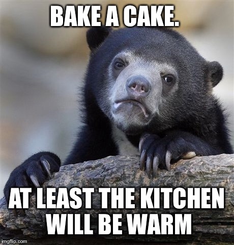 Confession Bear Meme | BAKE A CAKE. AT LEAST THE KITCHEN WILL BE WARM | image tagged in memes,confession bear | made w/ Imgflip meme maker