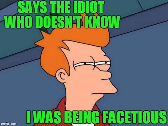 Futurama Fry Meme | SAYS THE IDIOT WHO DOESN'T KNOW I WAS BEING FACETIOUS | image tagged in memes,futurama fry | made w/ Imgflip meme maker